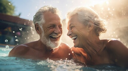 Elderly couple shares a laugh in a hot tub, radiating warmth and joy.