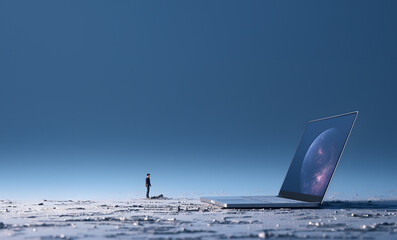 man stand in front laptop the concept of fatigue from workload stress. minimalist
