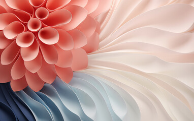 Flat lay image of a pink flower created with paper cones. The pink flower is over a blue and white background created with folded fabric in the form of waves.