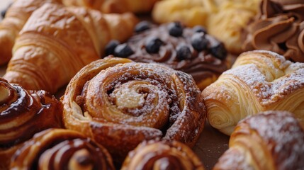 Poster - A table filled with a variety of pastries, all covered in a dusting of powdered sugar. Perfect for bakery advertisements or food blog posts