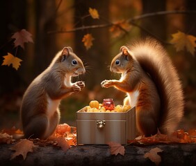 Wall Mural - Two squirrels are sitting in a box with leaves. Generative AI.