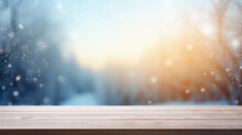 Wooden Table Snowy Trees Winter Nature Bokeh Background, Empty Wood Desk Product Display Mockup Snow Landscape Blurry Abstract Backdrop Ads Showcase Christmas Time Presentation. Mock Up, Copy Space.