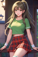 Illustration Of A Beautiful Anime Girl In A Green T-shirt And Red Mini Skirt, AI Generative