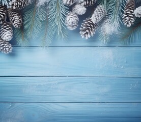 Canvas Print - Christmas background with fir branches and snow on blue wooden background. Generative AI.