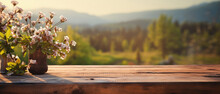 Wooden Table Spring Nature Bokeh Background, Empty Wood Desk Product Display Mockup With Green Park Sunny Blurry Abstract Garden Backdrop Landscape Ads Showcase Presentation. Mock Up, Copy Space.