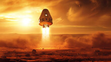 Space Capsule Take Off From Other Planet. Fantastic, Futuristic Lunar Or Mars Start