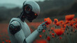 White humanoid robot touching a poppy