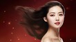 Elegant woman with flawless skin on sparkling red background. Beauty and skincare.