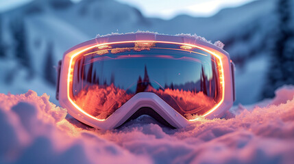 A goggles is lying on the snow. Close-up. Blurred mountains in the background. Snow. Safety glasses with reflection. A beautiful panorama without people. Ai generative