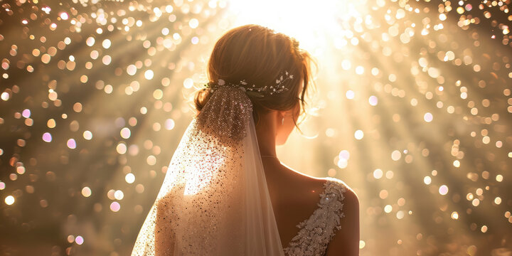 Dride from behind in wedding dress woman, bright glitter background.