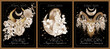 Vector illustration of zodiac in flowers signs card. Earth signs: Taurus, Virgo and Capricorn. Gold on a black background in engraving style