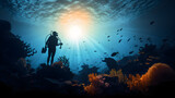 Fototapeta Do akwarium - Silhouette of scuba diver exploring coral reef