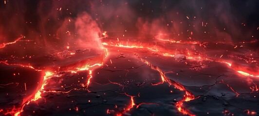 Wall Mural - Dramatic volcanic scene with molten lava flowing through ground cracks, casting a fiery glow against a dark, rugged terrain.