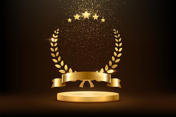 Wall Mural - gold award round podium with laurel wreath, ribbon, star, shiny glitter and sparkles isolated on dar