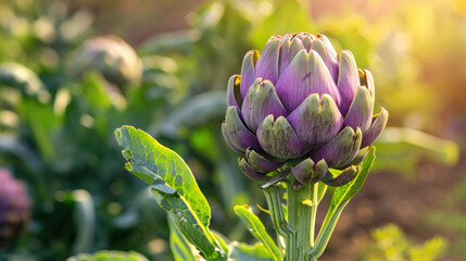 Artichokes growing in an agricultural field, healthy food.