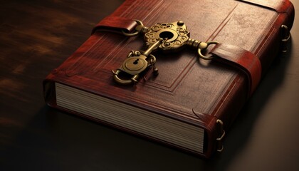 Sticker - An antique book with a key and lock, exuding a sense of mystery and nostalgia. Generative AI.