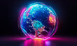 Vibrant and colorful illustration of the Earth with a glowing, neon-like effect, symbolizing global connectivity, digital innovation, and creative representation of technology