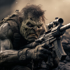 orc soldier with guns in the middle of war