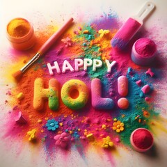 Wall Mural - Happy Holi Text, Holi Text, Text art, Holi festival background banner poster template creative flyer for Indian festival of color celebration, Vector illustration of Holi festival background