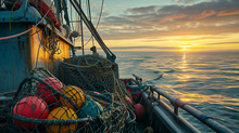 A Stunning Image Capturing A Traditional Lobster Fishing Boat At Sunrise, With Colorful Buoys And Nets On Board, Set Against The Serene Backdrop Of The Open Sea, Illustrating The B