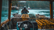 An Immersive Photograph Of A Lobster Fisherman Steering A Boat Through Tranquil Waters, With Lobster Traps Neatly Arranged On The Deck, Creating A Visually Serene And Nautical Scen