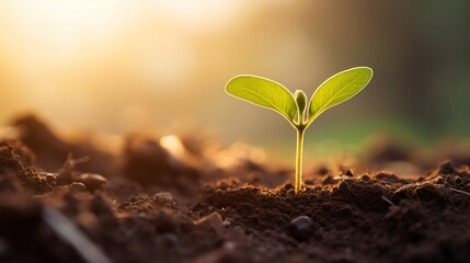 Young plant growing in soil against sunny background Agriculture Plant growth Generative AI