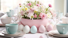 Beautiful Easter Table Setting With Eggs And Spring Flowers
