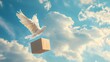 Delivery box wih white feather wings flying in the bkue sky with white clouds. Concept of air delivery