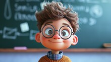 A Cute Cartoon Character Boy Wearing Glasses And A Sweater For School, With A School Blackboard In The Background