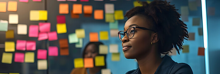 Poster - African woman leading team, utilizing sticky notes for business presentation and teamwork collaboration during brainstorming and strategy sessions.