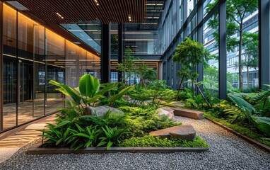 Wall Mural - Green Oasis Office Plaza: An Office building interior completely covered in various plants, creating a unique and green-filled space.