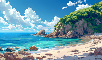 Wall Mural - Seascape with beautiful beach on an island. Summer holidays illustration.