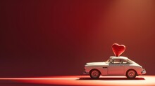 Profile Side View Photo Of Modern Stylish Toy Beautiful White Present Gift Car With Little Red Heart Standing In Center Of Spotlight Searchlight Isolated On Red Background Copy-space