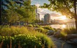 A rewilded urban waterfront, combining greenery and public spaces