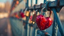 The Red Heart Shape Padlock Hanging In The Middle Of Many Blurred Padlocks That Around And All Are At The Fence Of The Bridge In Paris, France. Concept Padlocks Love Forever. Valentine. 