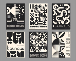 Wall Mural - Monochrome geometric posters with abstract patterns. Modern minimal background of black and white geometry shapes. Circles, triangles and squares, wavy and cross lines creative patterns set