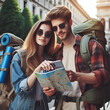 © Aruna - traveling backpacker couple searching route from the phone in the city area