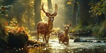 Nature Wildlife Scene With Majestic Brown Deer In Forest Wild Animals Portrait In Wilderness Beautiful Male Stag With Antlers Standing Alert In Autumn Landscape Among Pine Trees And Grass