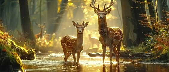 Wall Mural - nature wildlife scene with majestic brown deer in forest wild animals portrait in wilderness beautif