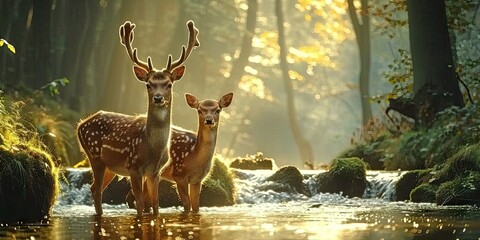 Wall Mural - nature wildlife scene with majestic brown deer in forest wild animals portrait in wilderness beautif