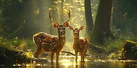 Wall Mural - nature wildlife scene with majestic brown deer in forest wild animals portrait in wilderness beautif
