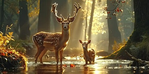 Wall Mural - nature wildlife scene with majestic brown deer in forest wild animals portrait in wilderness beautif