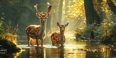Wall Mural - nature wildlife scene with majestic brown deer in forest wild animals portrait in wilderness beautif
