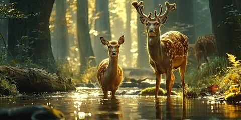 Wall Mural - Nature wildlife scene with majestic brown deer in forest wild animals portrait in wilderness beautiful male stag with antlers standing alert in autumn landscape among pine trees and grass