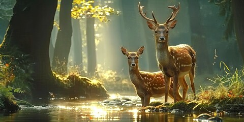 Wall Mural - nature wildlife scene with majestic brown deer in forest wild animals portrait in wilderness beautif
