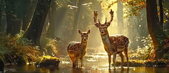 Wall Mural - nature wildlife scene with majestic brown deer in forest wild animals portrait in wilderness beautif