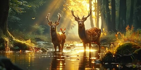 Wall Mural - nature wildlife scene with majestic brown deer in forest wild animals portrait in wilderness beautif