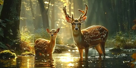 Wall Mural - nature wildlife scene with majestic brown deer in forest wild animals portrait in wilderness beautif