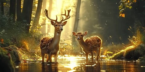 Wall Mural - nature wildlife scene with majestic brown deer in forest wild animals portrait in wilderness beautif