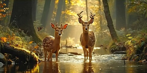 Wall Mural - nature wildlife scene with majestic brown deer in forest wild animals portrait in wilderness beautif